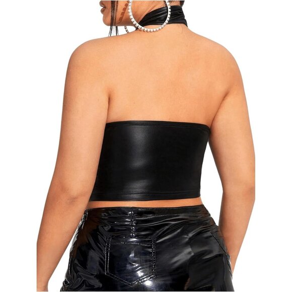 Plus Size Women's Leather Criss Cross Crop Halter Top Backless Fashion - Picture 2 of 6
